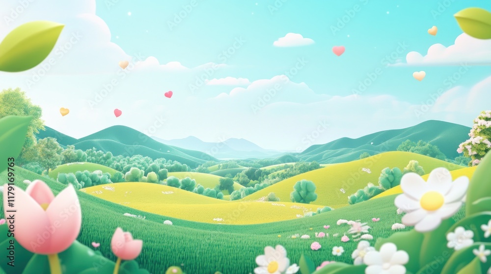 Idyllic cartoon landscape with rolling hills, flowers, and hearts. Idyllic cartoon landscape with rolling hills, flowers, and hearts.