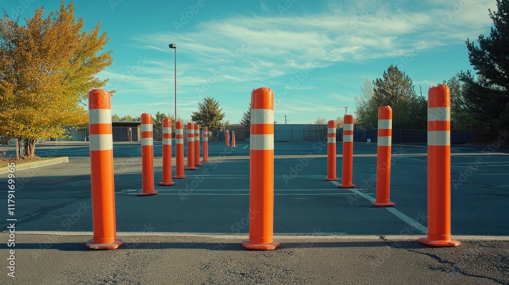 A set of orange traffic poles and striped plastic tubes placed in a parking lot to mark restricted areas A set of orange traffic poles and striped plastic tubes placed in a parking lot to mark restricted areas