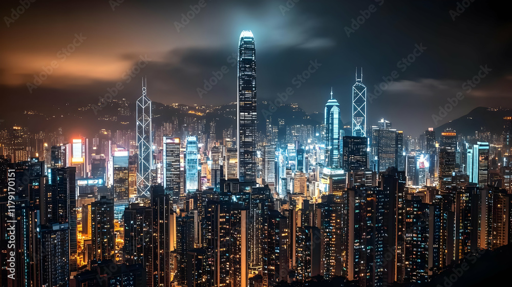 Fototapeta premium Illuminated cityscape at night showcases towering buildings and glowing lights dramatically.