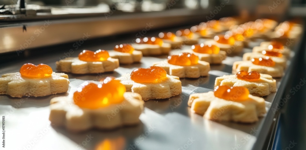 close-up photo of production line of cookies with orange jelly on top close-up photo of production line of cookies with orange jelly on top