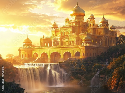 A majestic golden palace above cascading waterfalls, glowing in the golden sunset, symbolizing prosperity, grandeur, and serenity.
 photo