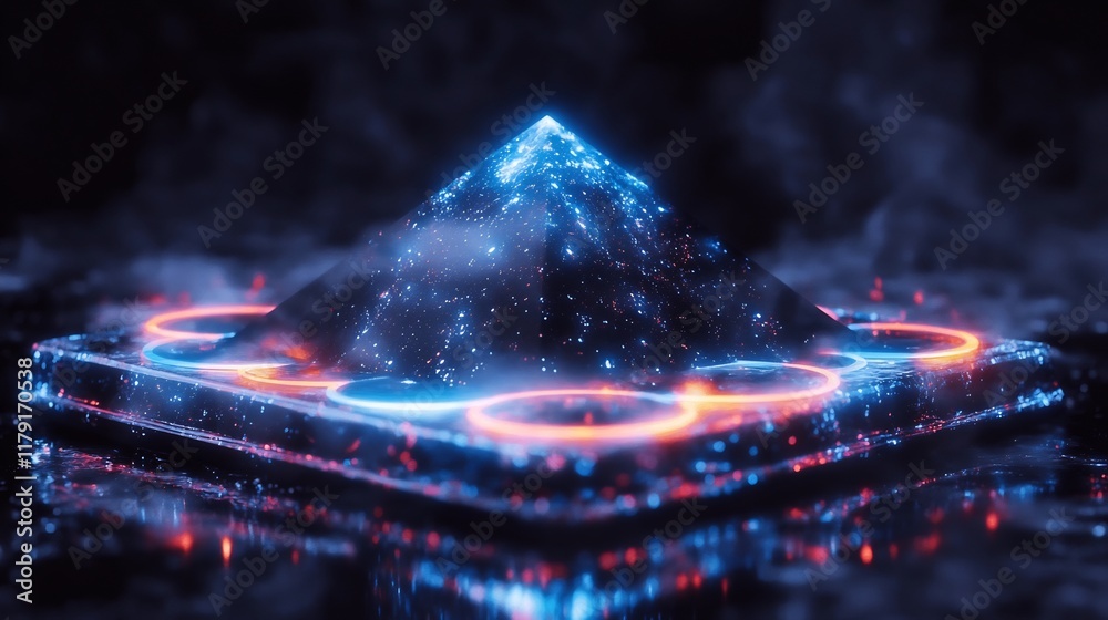 Vibrant 3D Render: Futuristic Pyramid Mysteriously Glowing on Dark Platform. AI Generated Vibrant 3D Render: Futuristic Pyramid Mysteriously Glowing on Dark Platform. AI Generated