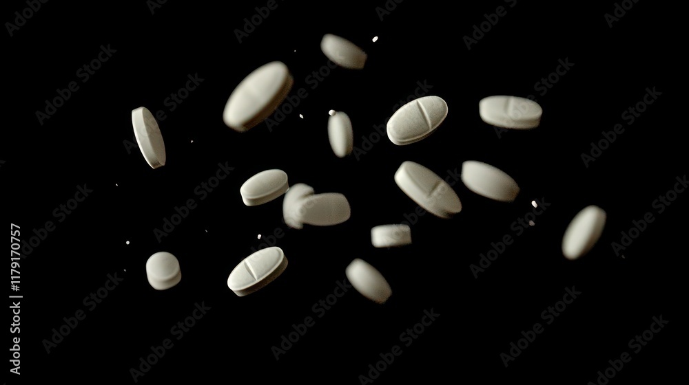 Abstract image of white pills falling against a black background. Abstract image of white pills falling against a black background.