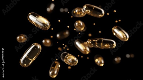 Golden Capsules Falling on Black Background.