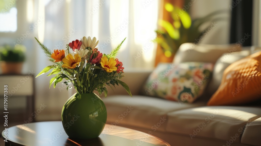 Bright and Colorful Flower Arrangement in a Cozy Living Room Setting Bright and Colorful Flower Arrangement in a Cozy Living Room Setting