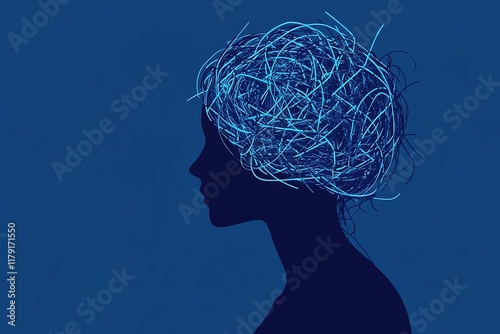 Illustration of human head with tangled line inside like brain. Concept of illness, mental health, confusion, depression, anxiety, mental problem. Psychotherapy and psychological help, hd image photo