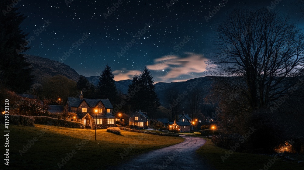 Starry Night Over Tranquil Village with Cozy Homes and Soft Lights Starry Night Over Tranquil Village with Cozy Homes and Soft Lights