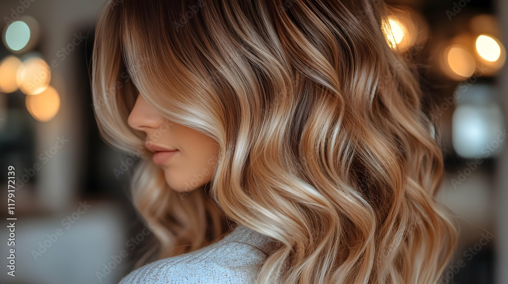 Woman with Long, Wavy Blonde Hair Shows Off Her Healthy, Shiny, and Voluminous Hairstyle in a Softly Lit Setting. Woman with Long, Wavy Blonde Hair Shows Off Her Healthy, Shiny, and Voluminous Hairstyle in a Softly Lit Setting.