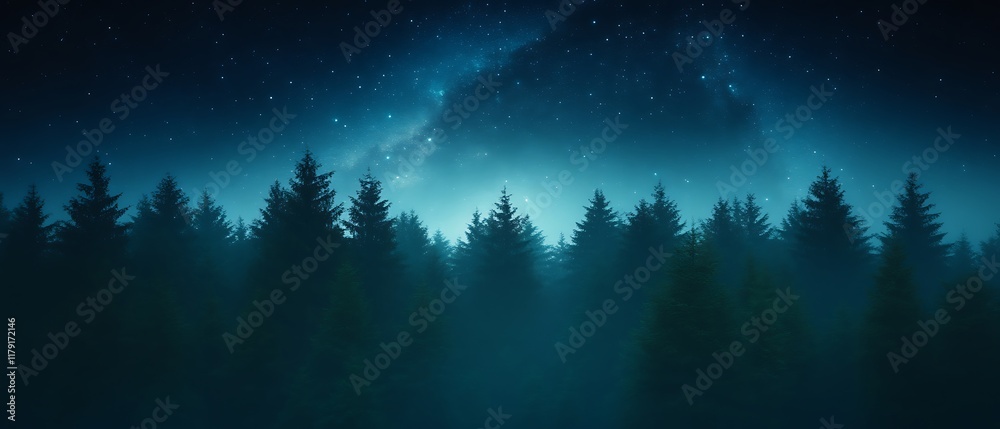 Naklejka premium Night forest under starry sky.