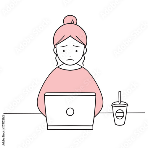 ドリンクを飲みながらpcを触る困った表情の女性