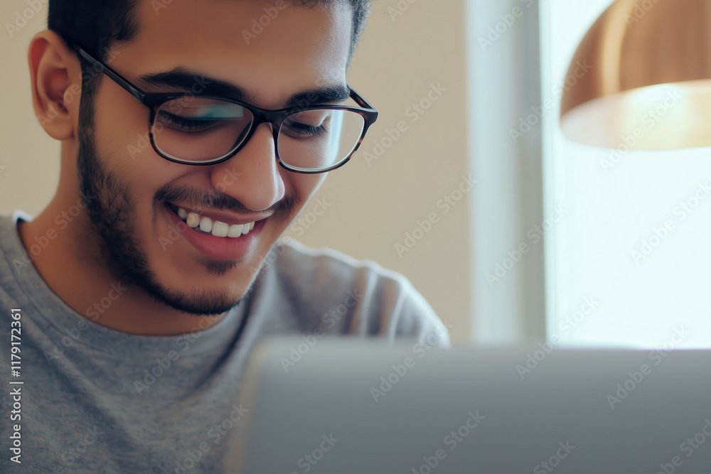 Hispanic young man working on a laptop and smiling in a cozy home setting Hispanic young man working on a laptop and smiling in a cozy home setting