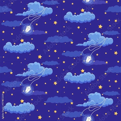 Pattern night starry sky with lantern on clouds