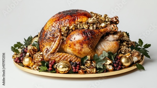 A roasted chicken with crispy golden skin, isolated on a white background photo