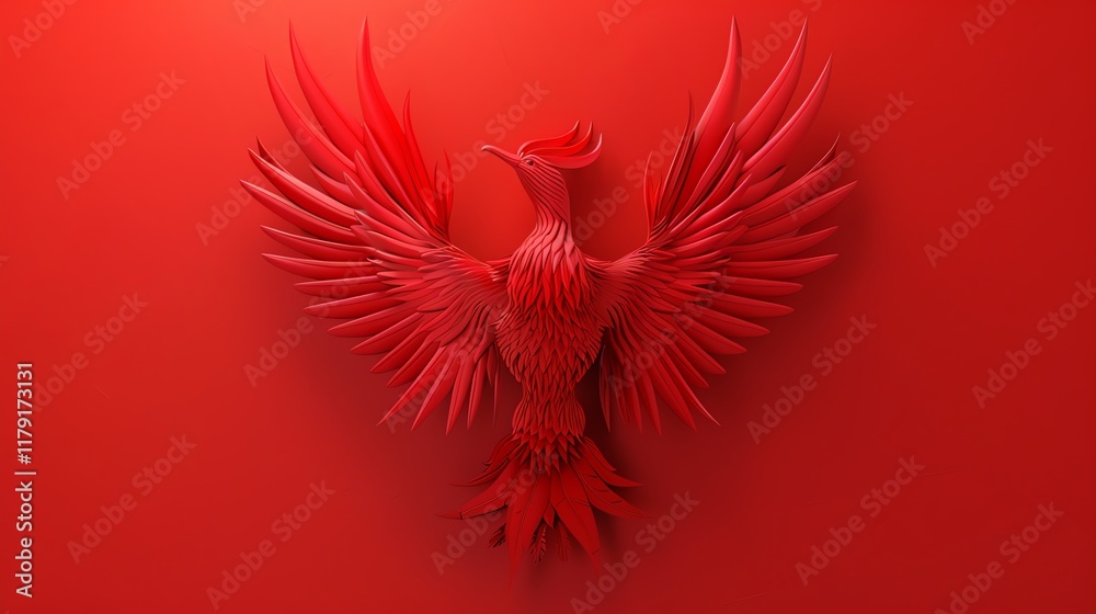 Obraz premium A red phoenix with its wings spread against a red background.