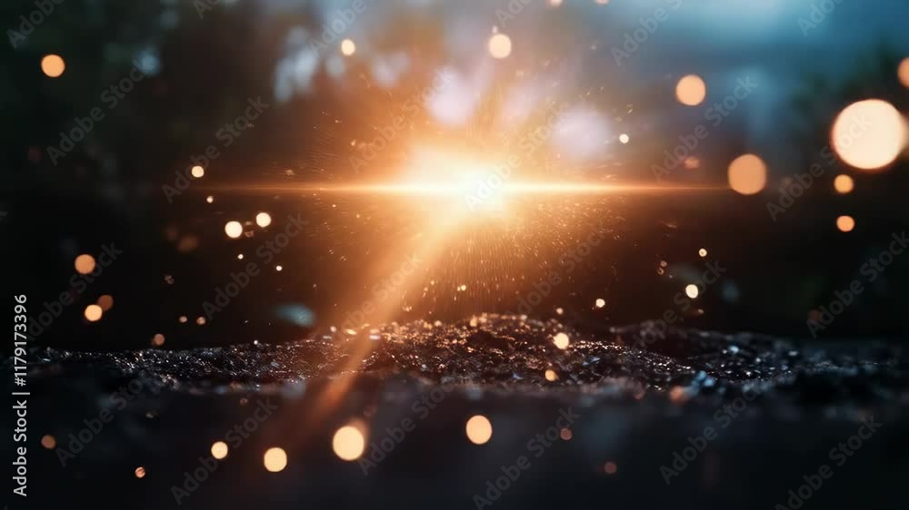 Abstract light burst and bokeh particles. Dark background with lens flare. Magic golden glow. Motion animation overlay for design, intro, outro. Space for text Abstract light burst and bokeh particles. Dark background with lens flare. Magic golden glow. Motion animation overlay for design, intro, outro. Space for text