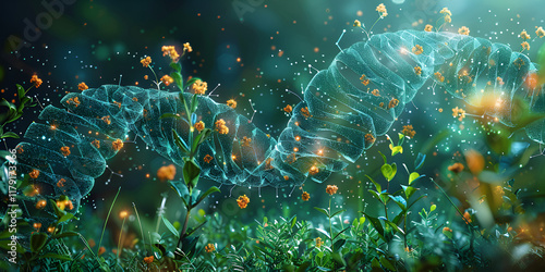 Abstract DNA Strand with Glowing Teal and Orange Elements Amidst a Lush Green Environment  
