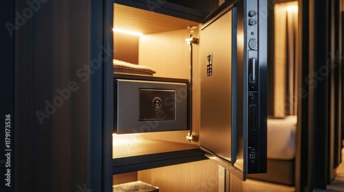 A sleek metal safe inside a hotel room closet, with an open door revealing its secure storage space photo