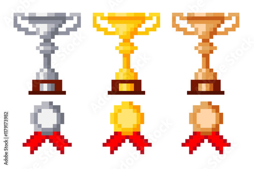 Pixel award. Golden goblet. Silver and bronze cups. 8 bit sprite. Winners medals. Retro video game assets. Mobile app reward. Victory trophy. Arcade achievement. Vector pixilated icons set