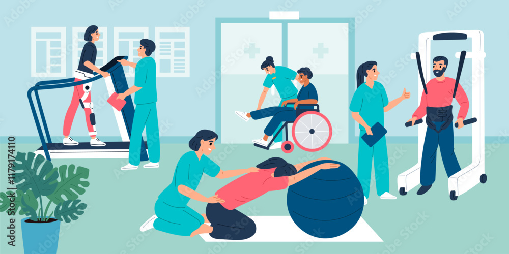 Naklejka premium Physiotherapy gym. Medical training equipment. Restoring patient mobility. Rehabilitation therapy. Disabled persons. Disability treatment. Kinesiology clinic doctors. Garish vector concept