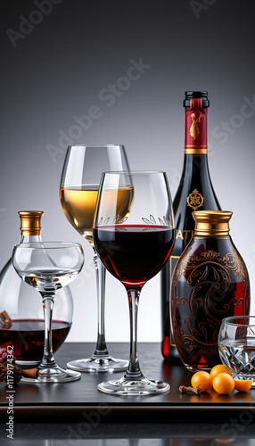 Red wine bottle and glass with liquid isolated on a black background for celebration or party at a winery or restaurant photo