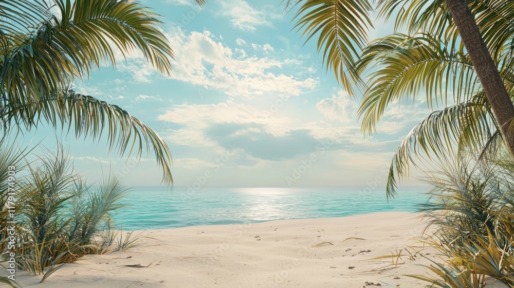 Obraz premium Tranquil Tropical Paradise: Idyllic Beach Scene with Palm Trees and Azure Ocean