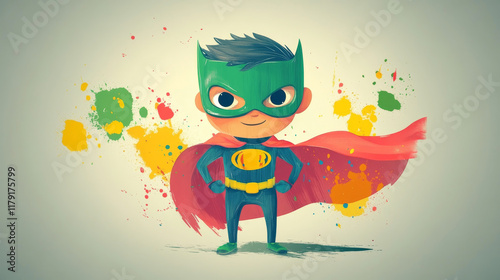 Cartoon color palette superhero character. Isolated vector artist equipment, funny personage. Wooden painting tool with colorful paint spots, strong smiling super hero wear green cape and mask photo