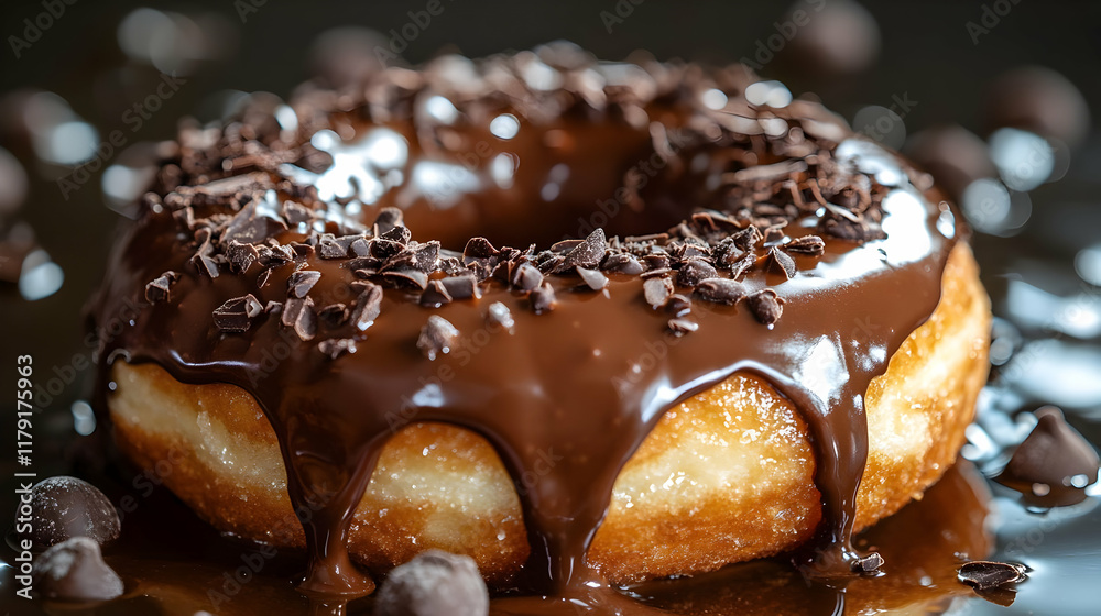 Delicious Chocolate-Covered Donut Drizzled with Melted Chocolate and Topped with Chocolate Shavings Delicious Chocolate-Covered Donut Drizzled with Melted Chocolate and Topped with Chocolate Shavings
