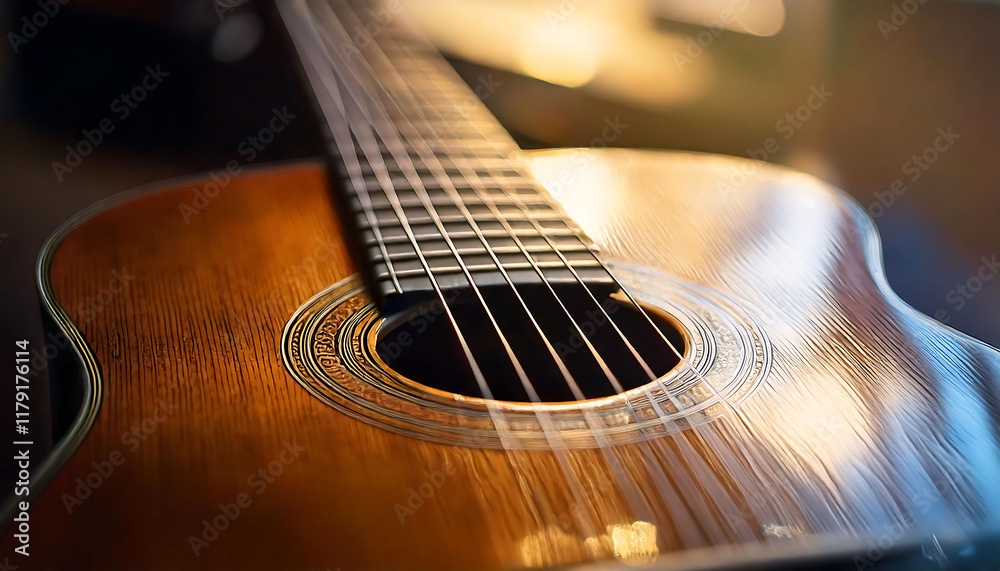 Fototapeta premium Close-up of a classic acoustic guitar, showcasing its rich wood grain and intricate detail. Warm lighting enhances the instrument's beauty, perfect for music, hobby, or lifestyle projects.