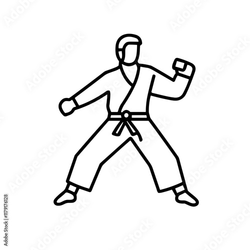 Outline icon of a taekwondo practitioner in a dynamic fighting posture on a white background