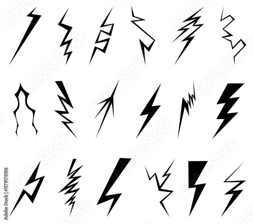 Black lightning bolt icons. Simple thunderbolt symbols. Electric strikes. Different zigzag shapes. Various designs flashes. Thunderstorm sky blasts. Silhouette power signs vector set