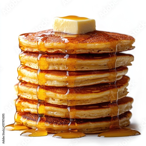 A Seductive Stack of Buttery Pancakes Drenched in Golden Syrup: A Classic Breakfast Delight photo