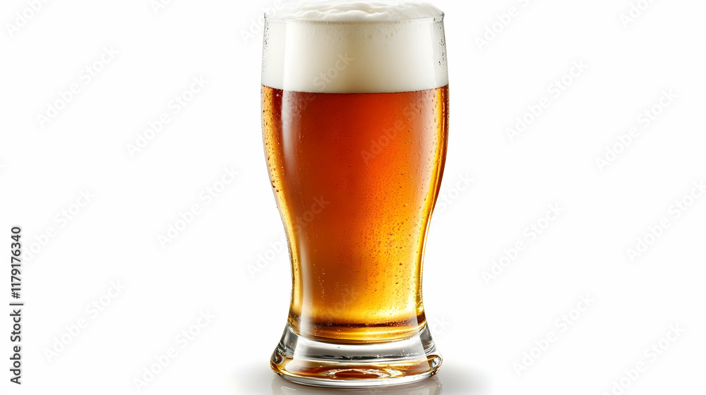 A Glass of Cold Beer with Frothy Head Sits Perfectly on White Background Refreshingly A Glass of Cold Beer with Frothy Head Sits Perfectly on White Background Refreshingly