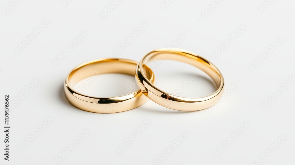 Two simple gold wedding rings lie side by side on a white background, symbolizing love and commitment, love, valentine day, wedding, married. Two simple gold wedding rings lie side by side on a white background, symbolizing love and commitment, love, valentine day, wedding, married.