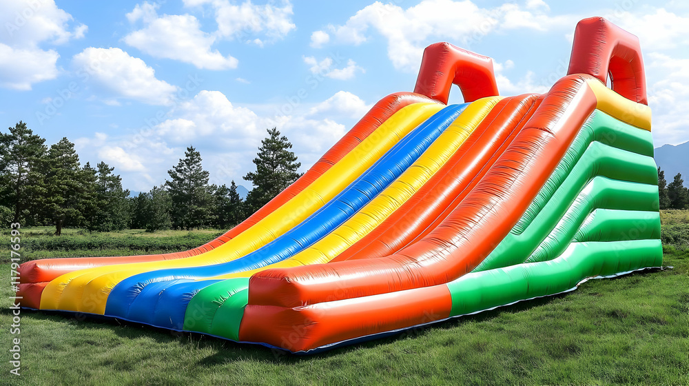 Colorful Inflatable Slide Stands Tall on Green Grass Under a Blue Sky with Fluffy White Clouds Colorful Inflatable Slide Stands Tall on Green Grass Under a Blue Sky with Fluffy White Clouds