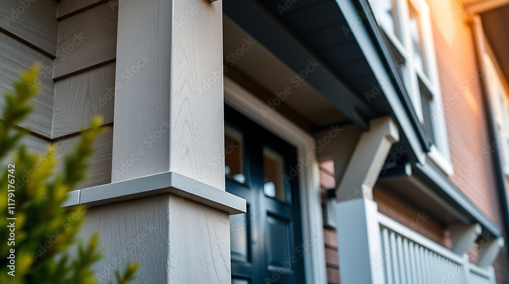 Fototapeta premium Close-up view of a light gray house exterior featuring a dark blue door, white trim, and a portion of a neighboring building. The image emphasizes architectural details and siding.