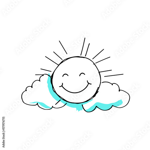 Cute smiling sun behind fluffy cloud icon, joyful illustration, colorful design, cheerful graphic style