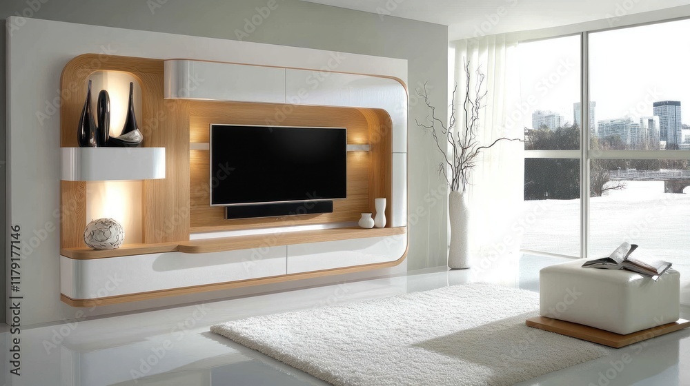 Modern minimalist living room with built-in entertainment unit, TV, and white rug. Modern minimalist living room with built-in entertainment unit, TV, and white rug.