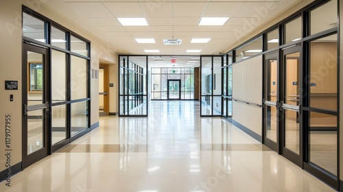 A spacious hallway in a contemporary building  featuring neutral tones  bright lighting  and glass-paneled doors
