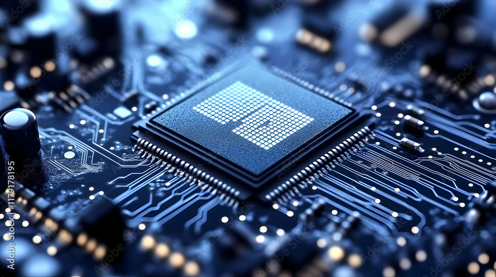 Close-up of Computer Chip Shows Complex Circuitry and Data Processing Power on Motherboard Close-up of Computer Chip Shows Complex Circuitry and Data Processing Power on Motherboard
