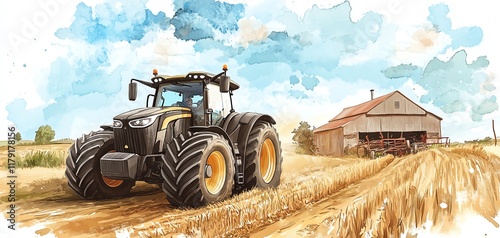 Powerful tractor in a harvested field, watercolor style.  Agricultural machinery near a rustic barn under a summer sky.