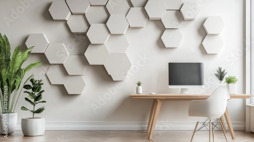 A modern geometric 3D mural with hexagonal designs in metallic finishes, set against a light neutral backdrop
