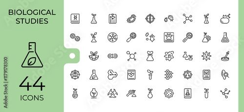 Biology icon set. Includes icons for biology, molecule, structure, bulb, gene, microscope, medical, nature. Minimalistic icon. Editable stroke. Vector illustration.
