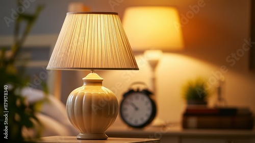 Classic ceramic table lamp with a beige shade, sitting on a bedside table with blurred books and an alarm clock in the background.