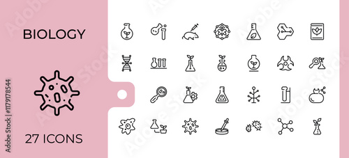 Biology icon set. Includes icons for biology, molecule, structure, bulb, gene, microscope, medical, nature. Minimalistic icon. Editable stroke. Vector illustration.