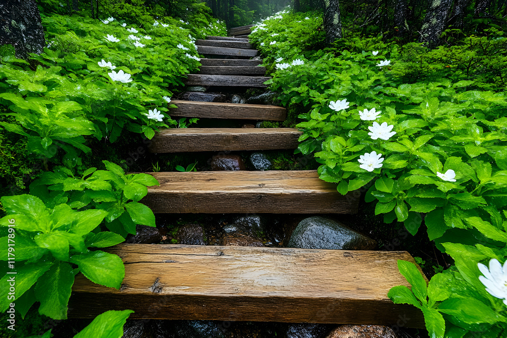 Forest Steps Illustration: Lush Greenery Forest Steps Illustration: Lush Greenery