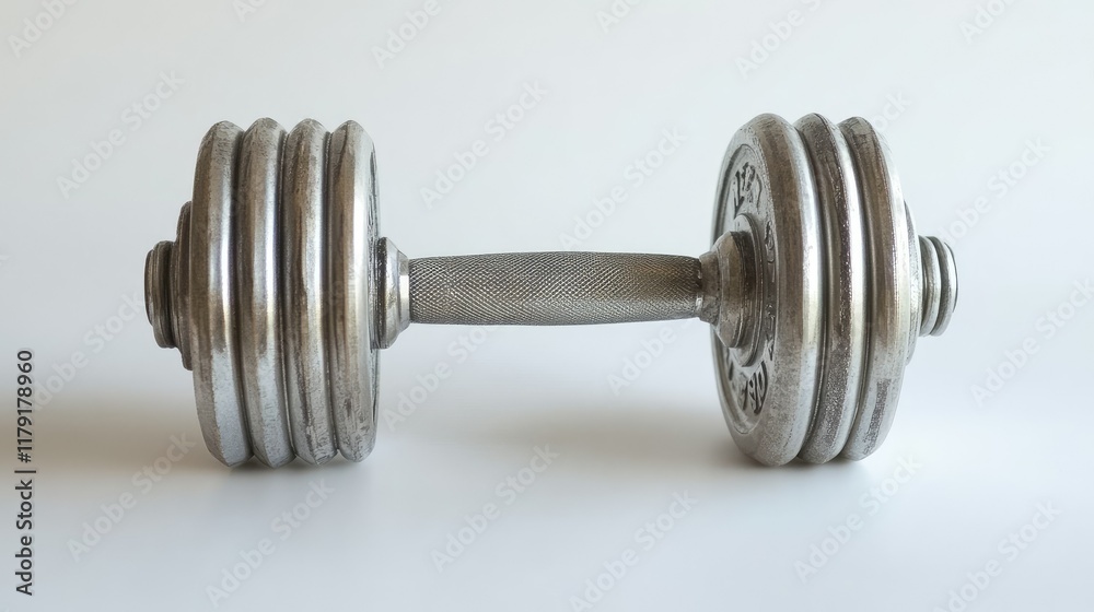 Naklejka premium A steel dumbbell with a matte finish, centered in the frame, with soft lighting and a white background that makes it pop.