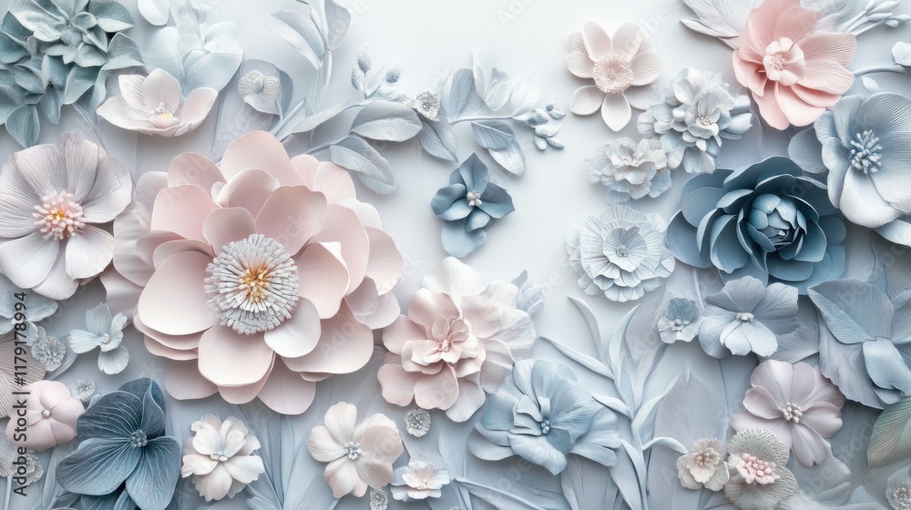 A stunning 3D floral mural with intricate details and soft pastel hues, placed on a white background A stunning 3D floral mural with intricate details and soft pastel hues, placed on a white background