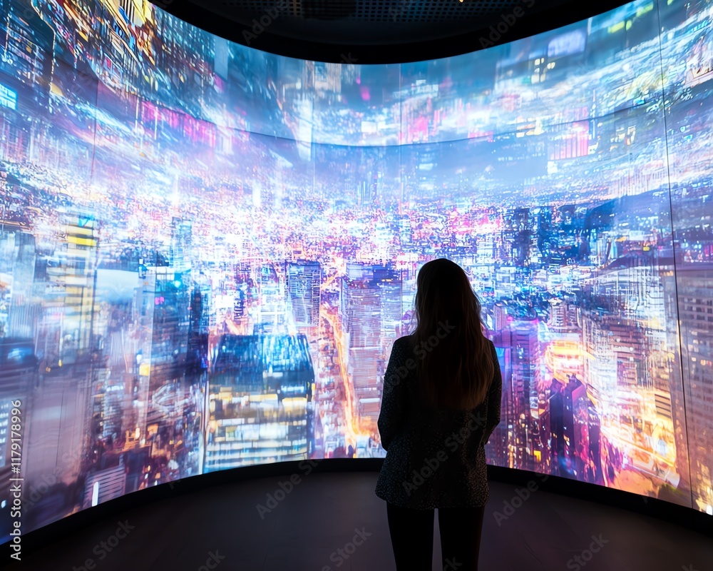 Obraz premium Silhouette of a woman gazing at a large immersive screen displaying a vibrant cityscape at night. Technology, future, and urban concepts.
