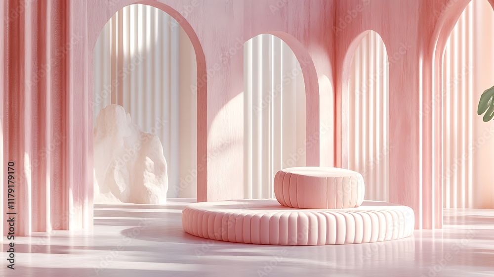 Pink Architectural Podium Display with Arched Walls and Curtains Pink Architectural Podium Display with Arched Walls and Curtains