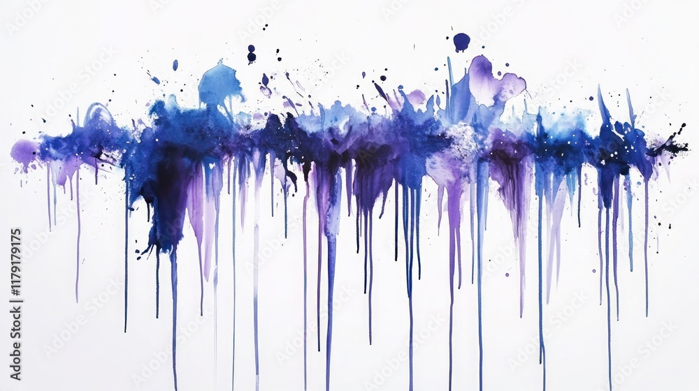 Fototapeta premium Abstract blue and purple watercolor paint splatter and drip artwork on white background.